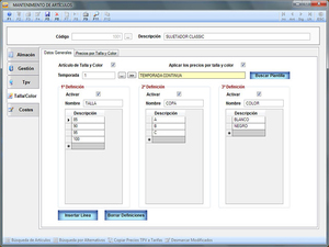 BDP-NET Talla y Color. Mantenimiento de articulos
